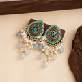 Blue Oval Medallion Pearl Look Fringe Stud Earrings view 2