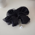 Black Satin Sheer Ruffle Scrunchie With Beads And Pearl Like Drop view 6