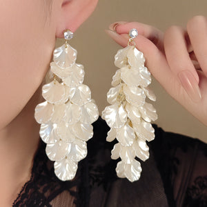 Long Ivory Petal Cascade Drop Earrings with Shell-Look Resin and Crystal Stud
