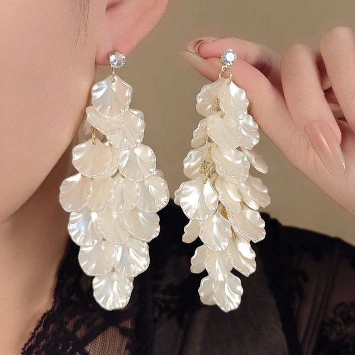 White Shell Look Petal Cascade Statement Long Stud Earrings