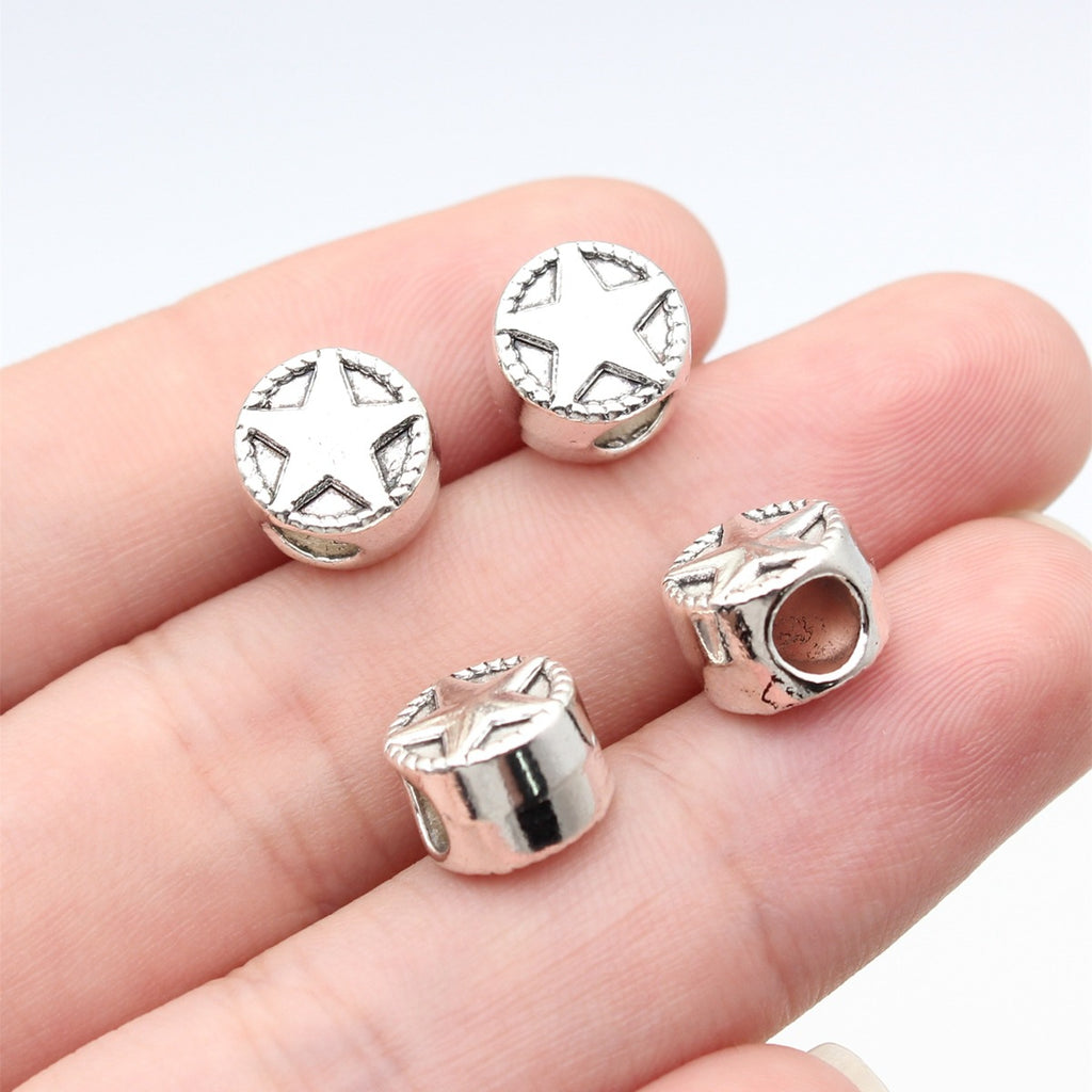 10x10x7mm 1.9g Antique Silver Zinc Alloy Five Point Star Round Large Hole Spacer Double Sided Beads for Bracelet Making