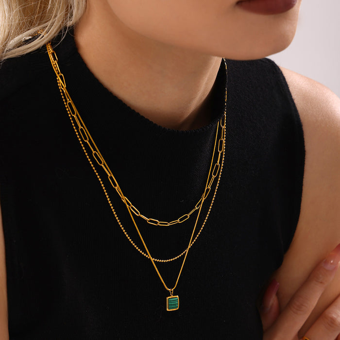 Gold Square Pendant Snake Chain Necklace Black Shell Malachite