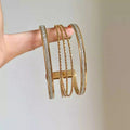Gold Multi Band Open Cuff Bracelet Glitter Twist Wire Bars view 3