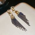 Black Chain Tassel Drop Earrings with Crystal Accents view 6