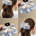 Blue Gingham Lace Ruffle Satin Bow Spring Hair Clip view 1