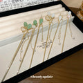Gold Tone White Petal Hair Stick With Pearl Like Chain Drops view 4