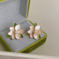Gold Mother-of-Pearl Camellia Leaf Flower Stud Earrings view 3