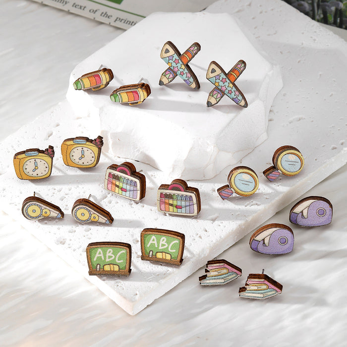 Colorful School Supplies Wood Stud Earrings in Nine Designs