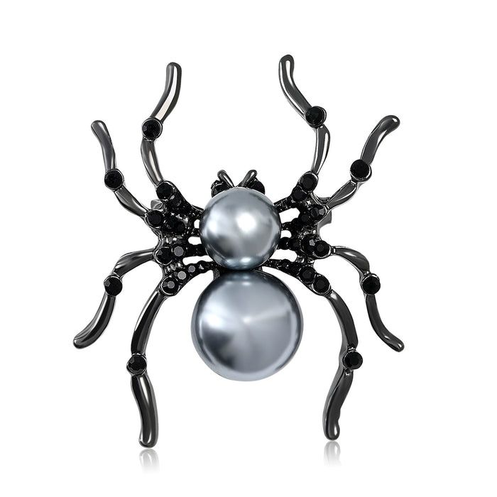 Pearl Body Spider Brooch Crystal Legs Silver Black