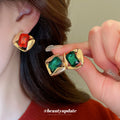 Gold Tone Red Or Green Rectangle Crystal Necklace And Green Earrings view 4