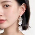 Gold Tone White Pearl And Translucent Shell Disc Long Stud Earrings view 2