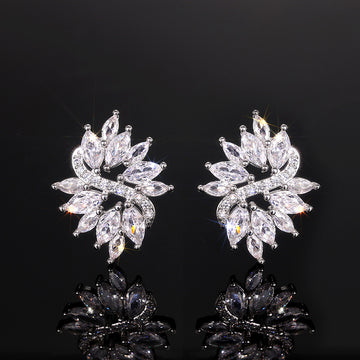 Silver Tone Marquise Leaf Cluster Stud Earrings Clear Stones