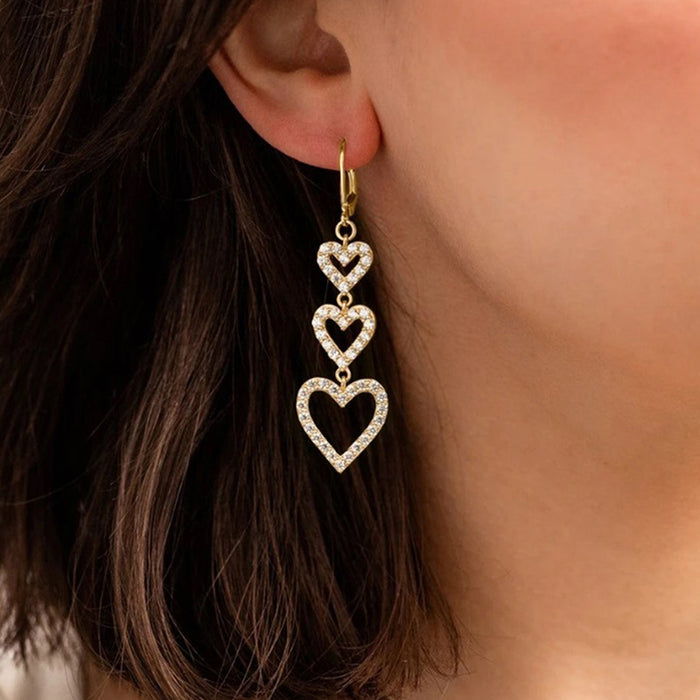 Gold-Tone Brass Triple Open Heart Drop Earrings with Cubic Zirconia