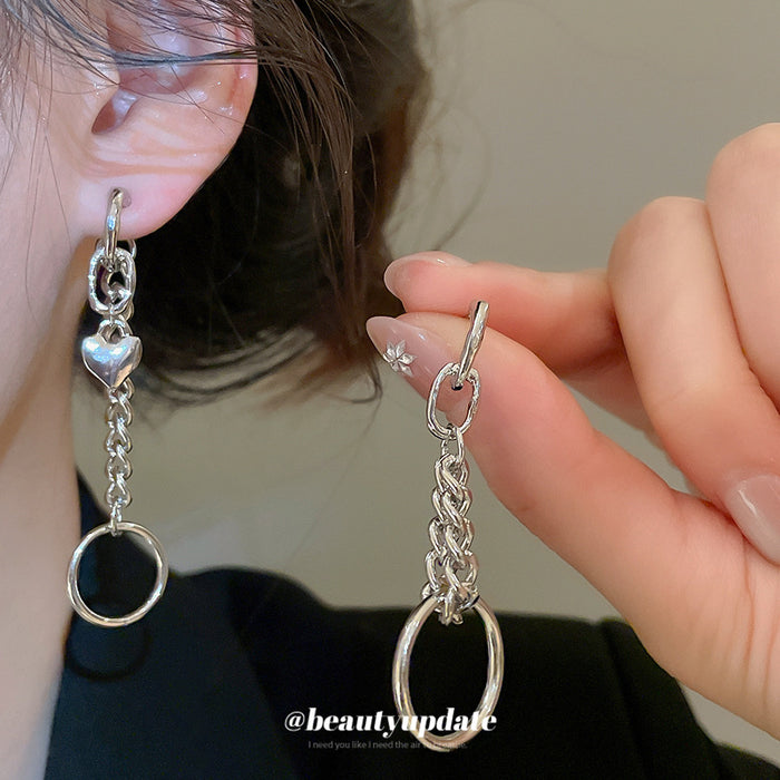 Asymmetric Silver Tone Chain and Ring Drop Earrings