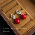 Red Glossy Pearl Drop Earrings Silver Twisted CZ Posts view 1