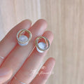 Gold CZ Pave Oval Frame White Cat Eye Stud Earrings view 6