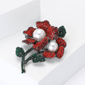 Rhinestone Twin Flower Pearl Green Leaf Brooch Pin view 3