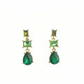 Green Square and Teardrop Gold Tone Long Stud Earrings view 5