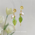 Gold Flower Pearl Green Leaf Tassel Drop Earrings With Chain view 1