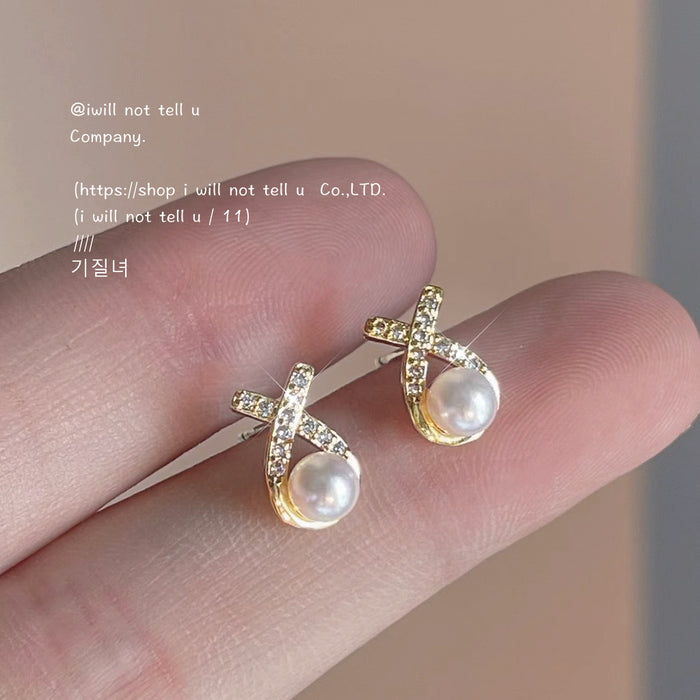 Gold Crystal X Cross Pearl Stud Earrings Pave Detail