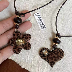 Leopard Heart and Flower Long Pendant Necklace Statement Fashion Jewelry