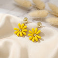 Yellow Daisy Flower Gold Tone Long Dangle Stud Earrings view 2