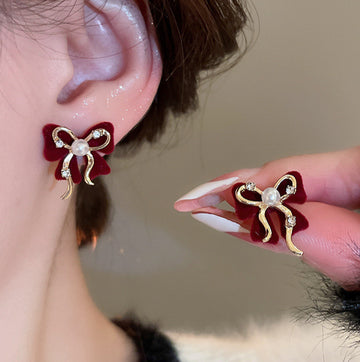 Red Flocked Bow Stud Earrings with Crystal Borders