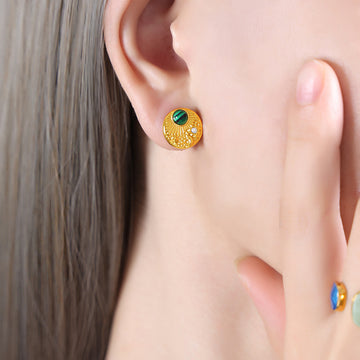 Gold Round Embossed Stud Earrings Green Or Blue Stone