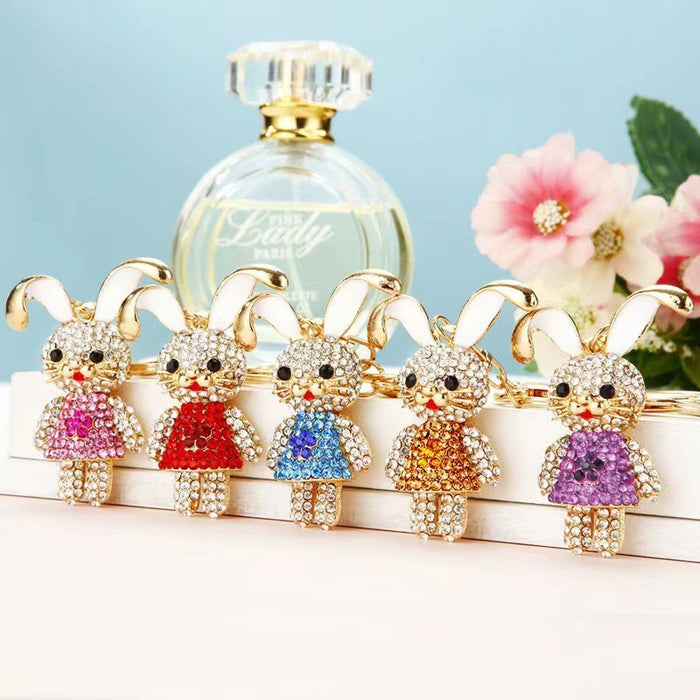 Rhinestone Bunny Girl Keychain Gold Clasp Five Dress Colors