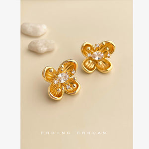 Gold Tone Plum Blossom Flower Stud Earrings Clear Zircon