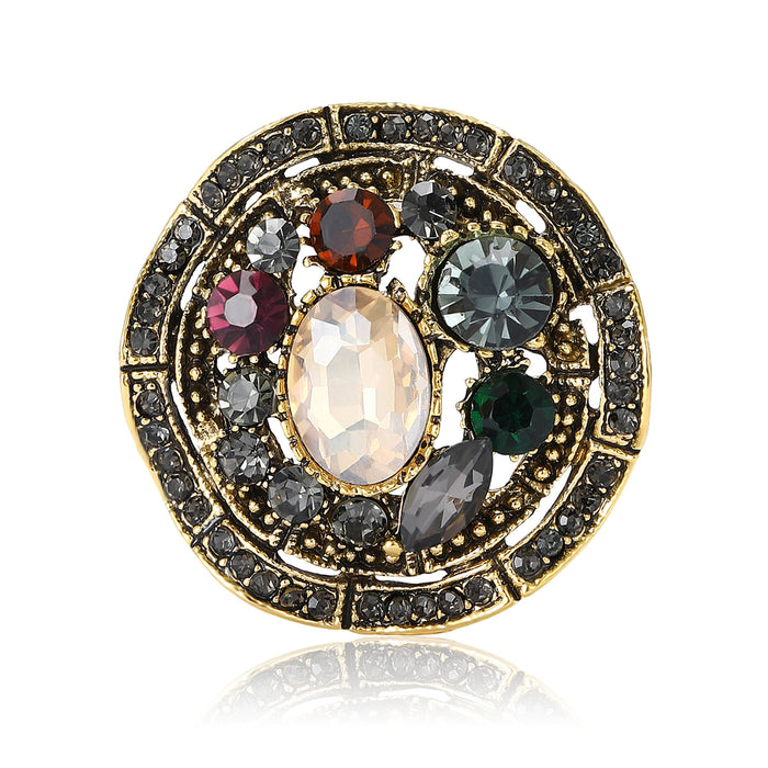 Round Multicolor Crystal Medallion Brooch in Gold or Silver