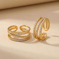 Gold Triple Band Open Ring With Pave Zircon Side Rows view 2