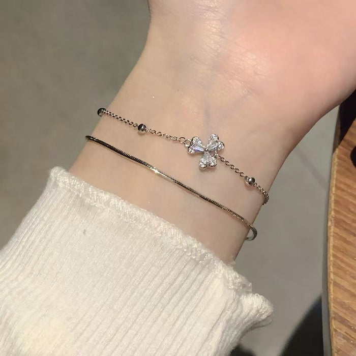 Dual Layer Clover Zircon Bracelet Snake Chain 2 Colors