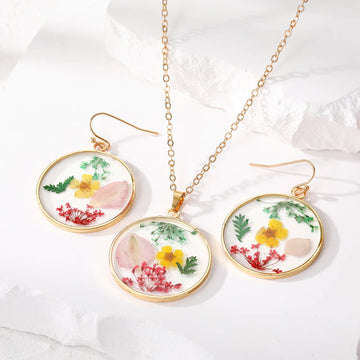 Gold Tone Round Pressed Flower Resin Necklace and Earring Options