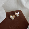 Gold Shell Mother of Pearl Bow Pearl Drop Stud Earrings view 3