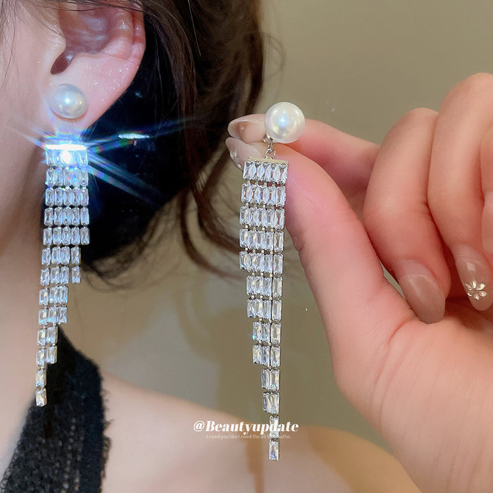 Long Crystal Fringe Pearl Stud Earrings With Silver-Tone Settings