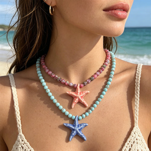 Front display of the pictured starfish bead necklaces and its visible color details