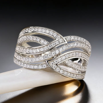 White Gold Tone Wave S Multi Band Pave Finger Ring Sizes 6-10