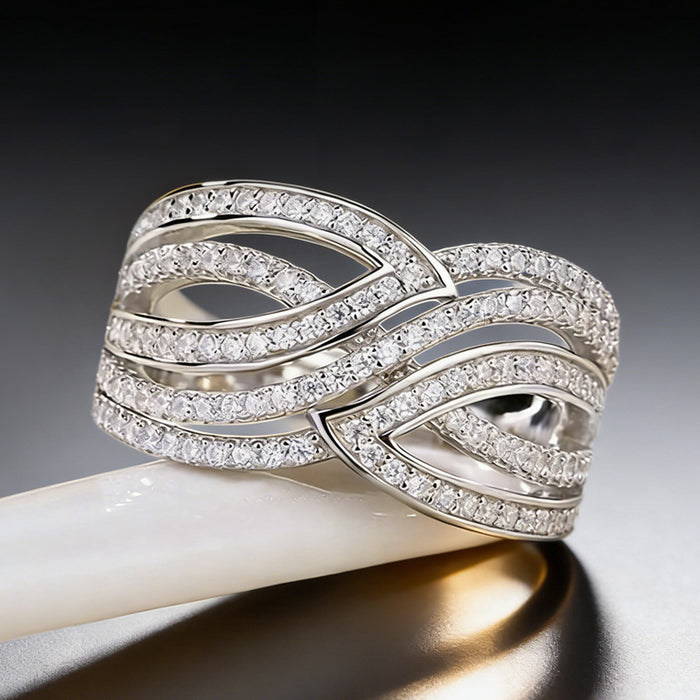White Gold Tone Wave S Multi Band Pave Finger Ring Sizes 6-10