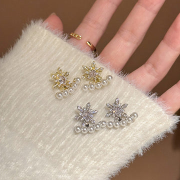 Crystal Flower Stud Earrings With Pearl Curves Matching Jewelry Pair