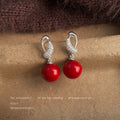 Red Glossy Pearl Drop Earrings Silver Twisted CZ Posts view 3