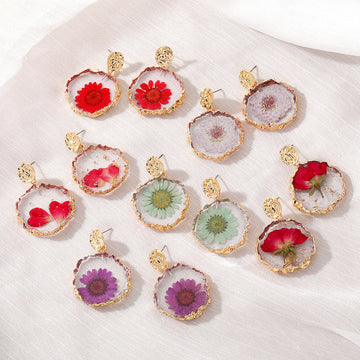 Eleven Style Gold Tone Round Pressed Flower Resin Drop Stud Earrings