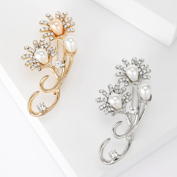 Pearl Rhinestone Daisy Stem Brooch Silver or Gold Tone Pin