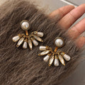 Antique Gold Tone Fan and Faux Pearl Stud Earrings view 1