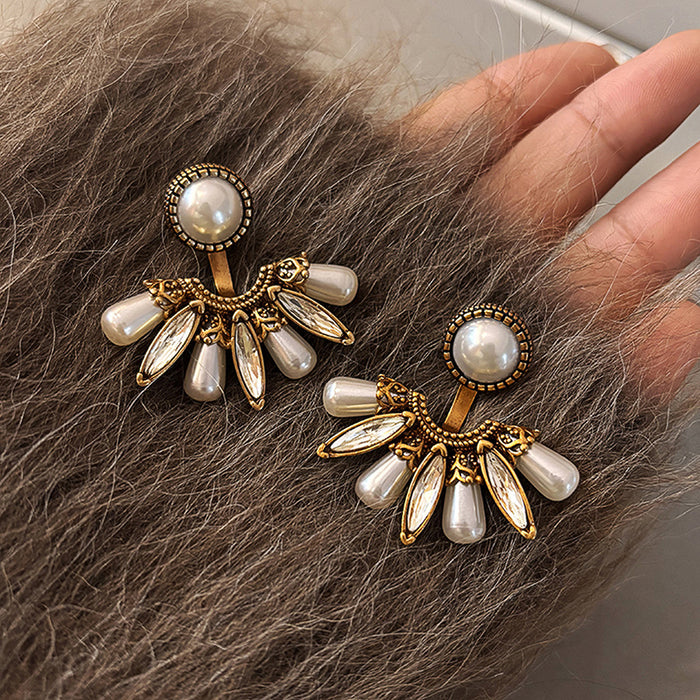 Antique Gold Tone Fan and Faux Pearl Stud Earrings