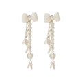 White Beaded Bow Extra Long Floral Tassel Stud Earrings view 5
