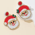 Beaded Santa Claus Face Drop Earrings Red White Gold Tone view 3