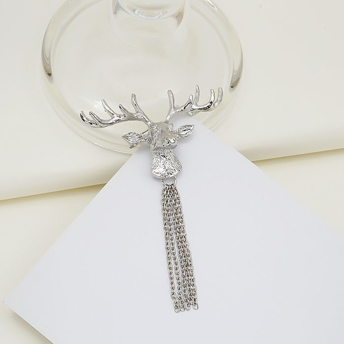 Silver Deer Head Brooch Chain Tassel Fringe Pin Metal