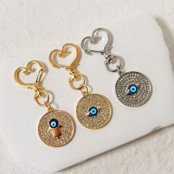 Rhinestone Round Evil Eye Keychains Heart Clasp 3 Styles