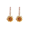 Orange Sunflower Drop Earrings With Crystal Hooks With Polished Metal Tone Details view 5